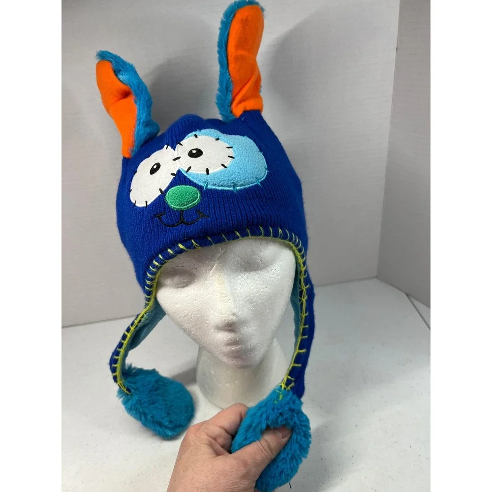 Flipeez Blue Monster Action Hat Kids Knit Beanie Ears Flip Up Laplander One Size